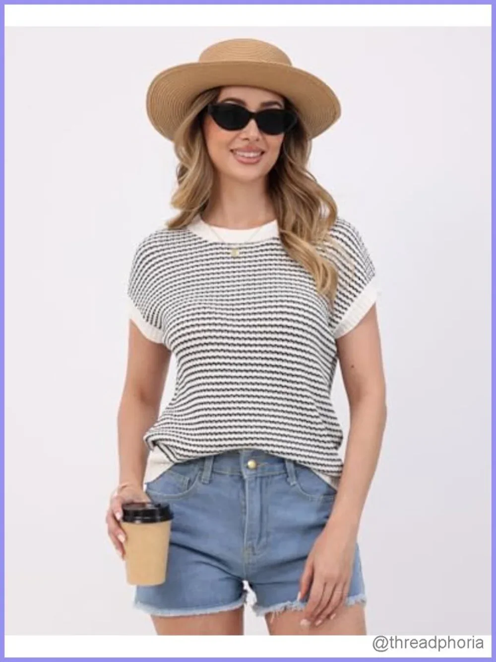 Women's Lightweight Knit Pullover Sweater Vest Crew Neck Short Sleeve Striped